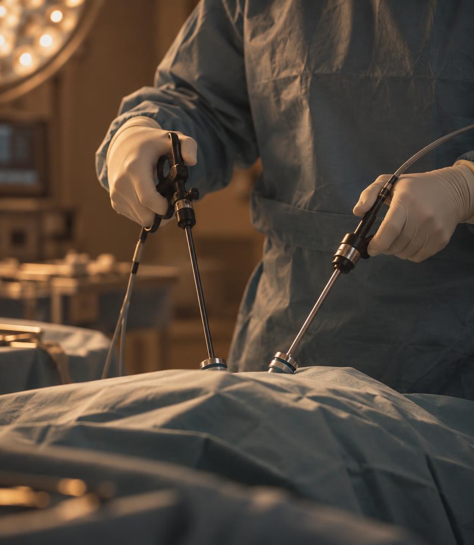 Instrumentos de cirurgia minimamente invasiva sendo manuseados por equipe médica em ambiente cirúrgico
